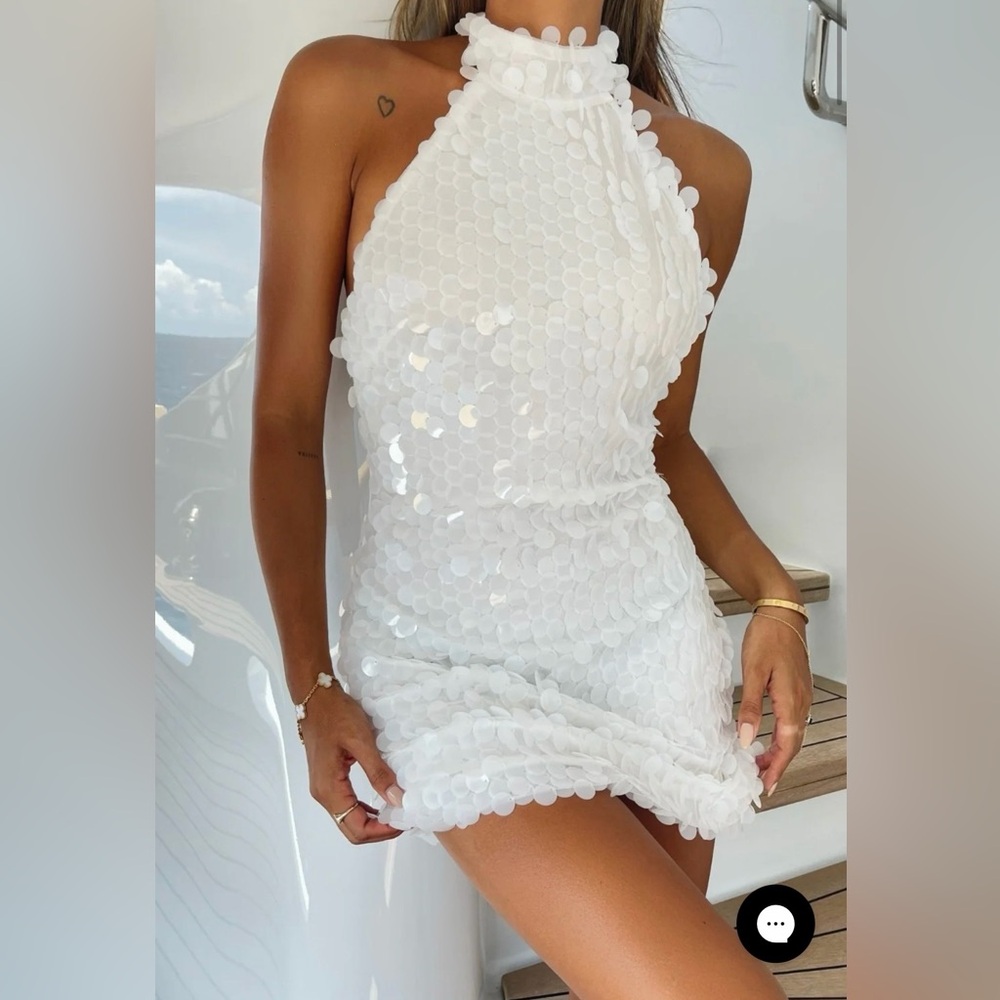 12th Tribe White Sequin Halter Mini Dress